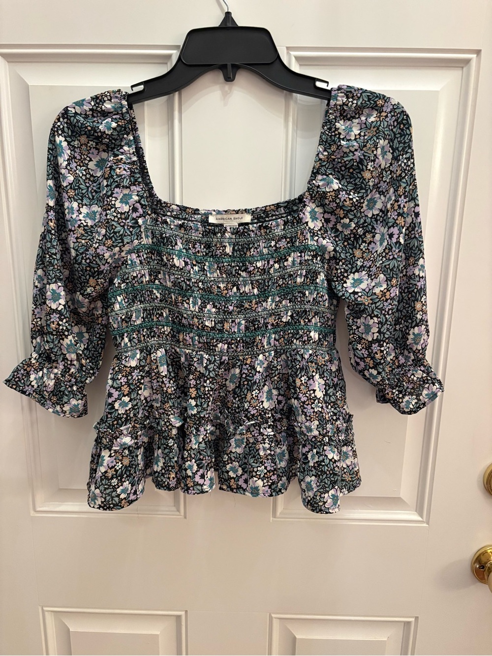American Eagle Outfitters Black Floral Smocked Peplum Top
